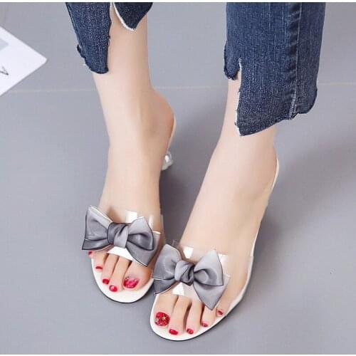 Bow Pumps Slippers Heel Women Slides Fashion Kitten Heel Sandale Transparente Femme Party Shoes for Women Summer Sandals Heels