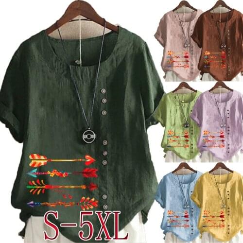 Womens Summer New Fashion Casual Linen Shirt Round Neck Printing T-shirt Short Sleeve Tops Loose Blouse S-5XL