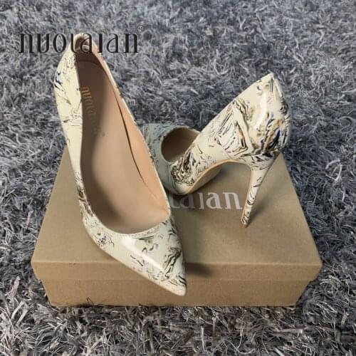 2020 Women Shoes Stiletto 12cm/10cm/8cm High Heels Women Pumps Flame Printed Patent Leather Pointed Toe Ladies Party Woman Shoes