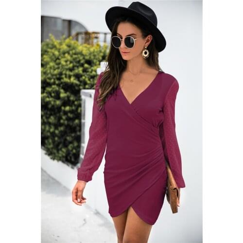 Women Robe Femme Autumn Irregular Dresses Shrinkage V-Neck Long Sleeve Jacquard Slim Hips Mini Dress For Woman Vestido De Mujer