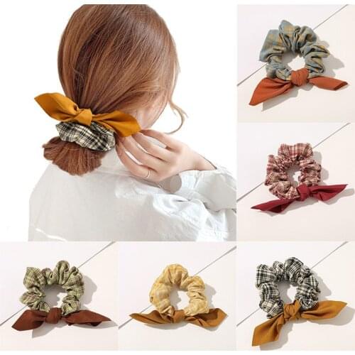 Richkeda Store New 2021 Women Bow Hair Ring Accessories Korean Plaid Hair Rope Ties Ponytail Rabbit Ear Knotted Ribbon Girl