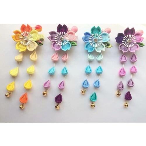 1pcs Handmade Hairpin Tsumami Zaiku Kanzashi Sakura Flower Tassel for Kimono Hanfu for Women Girl Cosplay Costume Prop Decor