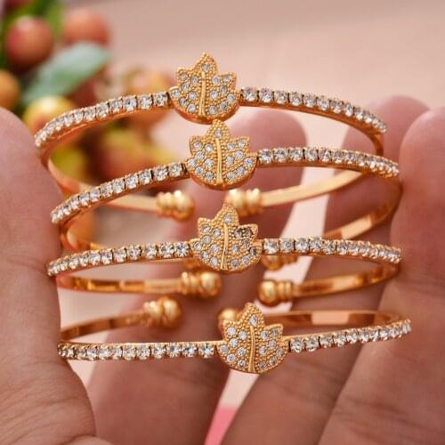 4pcs Gold Color Cuff Leaves Bangles For Women Gilrs Indian Ethiopian African Dubai Bracelet&Bangles Party Wedding Jewelry Gifts