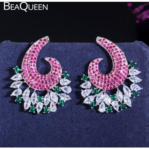 BeaQueen Newest Rose Red Green Cubic Zircon Crystal Big Drop Women Dress Up Earrings Bridal Wedding Jewelry Accessories E372