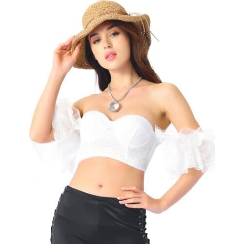 White Floral Lace Short Sleeve Sweet Strapless Bralette Crop Top Bustier Sexy Bra For Women Underwear Clubwear Gothic Brassiere