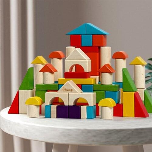 Kids Wooden Toy 30/54/74pcs Geometric Shapes Cognition Assembled Wooden Building Blocks Early Educational Toys For Children Gift