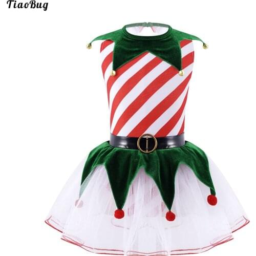 Kids Girls Christmas Performance Costumes Sleeveless Stripes Print Inverted Triangle Tailored Hem With Bells Mesh Tutu Dress