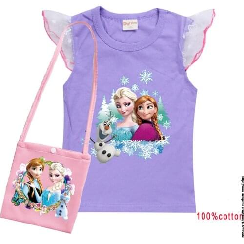Disney Frozen Elsa Girl Sweet Cartoon Clothing Set T-shirt + Bag Children Kid Baby Tops Tee T Shirt