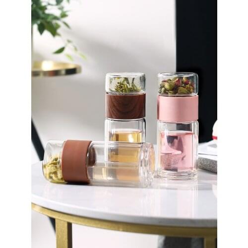 Double-layer portable tea and water separation cup teacup mens net red compact glass water cup filter home travel mug female