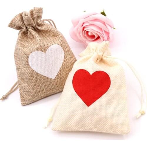 Wholesale 50Pcs/Lot 10x14 13x18cm Hearts Jute Bags Wedding Drawstring Pouches Candy Gift Bag Bracelet Jewelry Packaging Bags