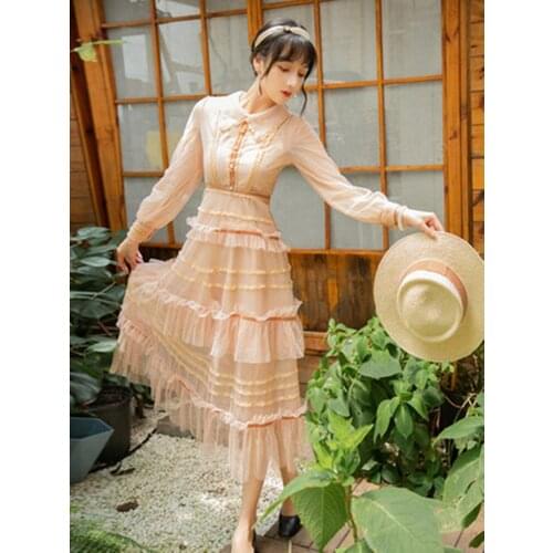French retro 2020 autumn new mid-length dress Beaded lace patchwork gauze dot cake dress