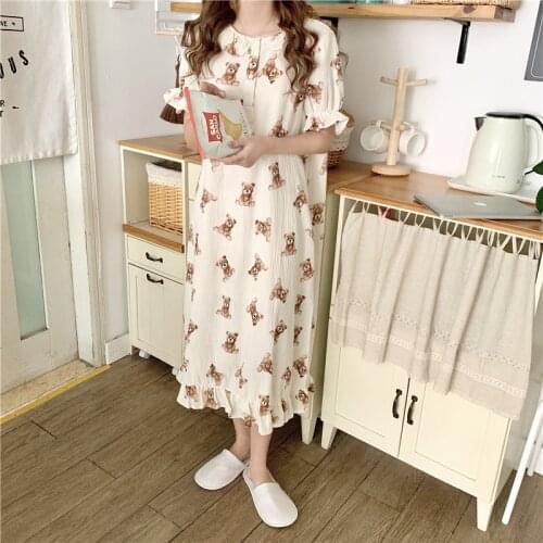 Gauze cotton nightgowns women soft bear cartoon peter pan collar dress nightwear ruffles home clothes ladies sleepdress Y731