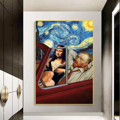 Canvas Painting Wall Art Funny Van Gogh and Mona Lisa Driving Poster and Prints Abstract Famous Oil Paintings on Canvas Picture