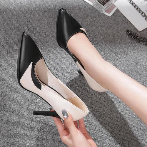 Leather Womens Office Shoes,Soft Rubber Sole,High Heels,Mixed Colors,Pointed Toe,Slip On,Female Fashion Footware,Black/White