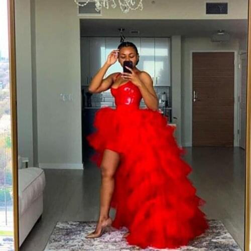 Fashion Hi Low Tiered Skirts Red Tulle Ruffle Extra Puffy Zipper Women Waistline Floor Length Long Party Skirts Custom Made