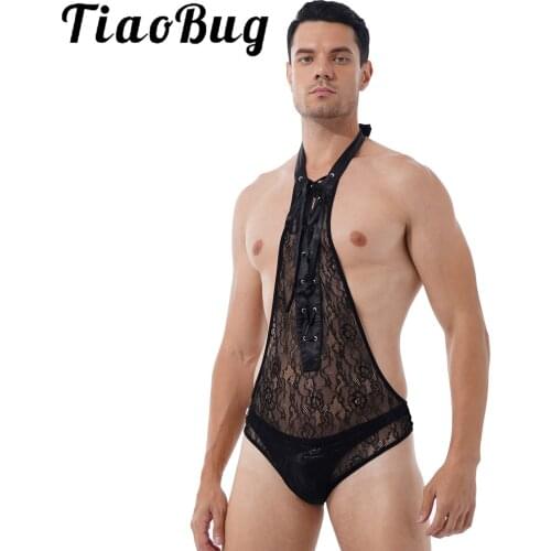 Mens Sissy Nightwear Erotic Lingerie See-through Mesh Jumpsuit Floral Lace Deep V Skinny Romper Halter Lace-up Open Butt Catsuit