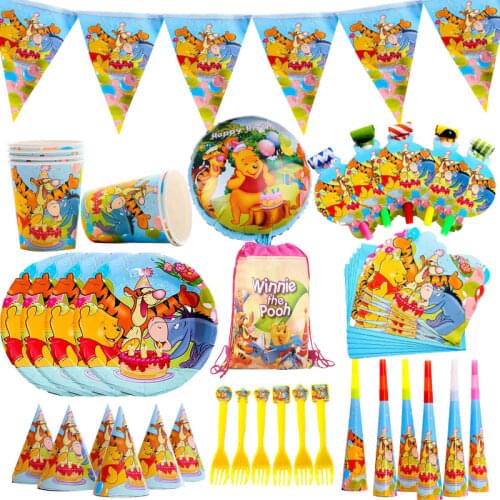 Disney Cartoon Winnie the Pooh Theme Party Disposable Tableware Set Party Decorations Birthday Supplies Paper Cups Plates Straws