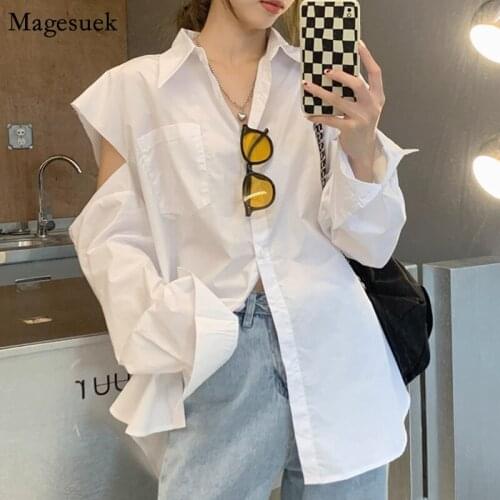 Autumn Turn-dwon Collar White Shirts Off Shoulder Loose Cotton Womens Shirt Women Casual Hollow Long Sleeve Blouses Tops 16913