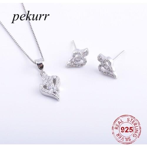 Pekurr 925 Sterling Silver Mini Zircon Ghost Specter Earrings Necklace Sets For Women Halloween Party Pendants Jewelry Set