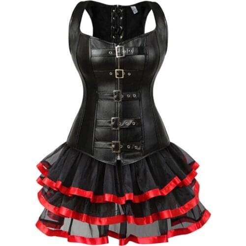 Sexy Corset Womens Steampunk Straps Faux Leather Overbust Corset Bustier Dress Gothic Body Shaper Mini Skirt Tutu Plus Size