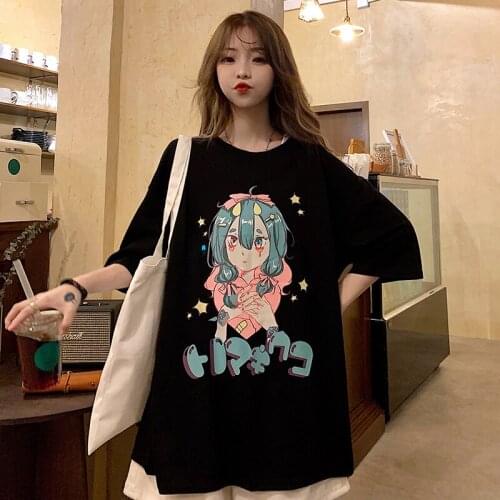 Womens T-shirts Tops Japanese Kawaii Ladies Ulzzang Bf Cartoon Print Loose Tshirt Female Korean Harajuku Clothes For Women