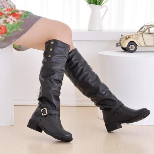 Fashion new womens boots high heel winter autumn Women Retro Low-heeled Shoes Buckle Add Cotton Long Tube Knight Boots Large