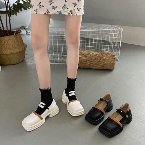 2021 New Autumn Mary Jane High Heels Shoes Women Square Toe Chunky Platform Women Retro Fashion One Strap Buckle Leather Shoes