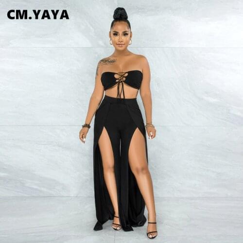 CM.YAYA Women Set Solid Sleeveless Strapless Bandage Bra Splited Loose Pants Two Piece Set Sexy Fashion Outfit Beachwear Summer