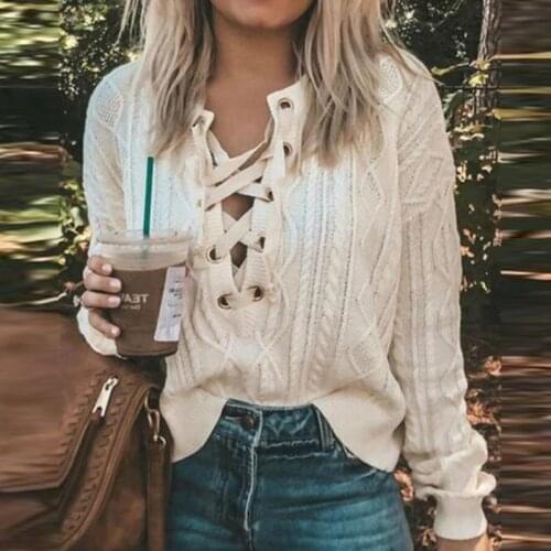 Autumn Winter Casual Sweater Women Elegant Criss-Cross Deep V-neck Knitting Sweater Fashion Long Sleeve Loose Solid Top Pullover