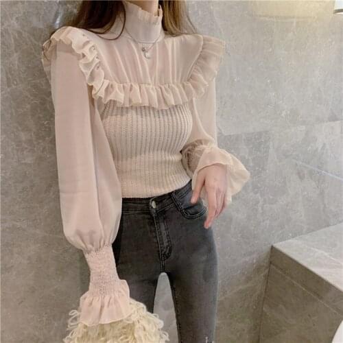 Women Sweater 2021 Spring Autumn French Sweet Temperament Female Mesh Stitching Frill Design Solid Color Pullovers 2823H