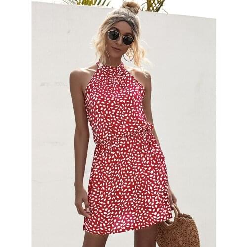 Sexy Fashion Halter Off Shoulder Streetwear Mini Dress 2021 Summer Women New Sleeveless Print Elastic Waist Casual Slim Dress