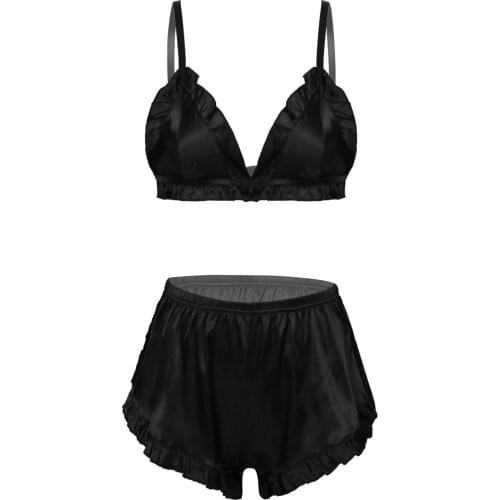 Womens Lingerie Satin Pajama Set Sleepwear Summer Ruched V-neck Wireless Unlined Bra with Elastic Waistband Shorts Sexy Suit