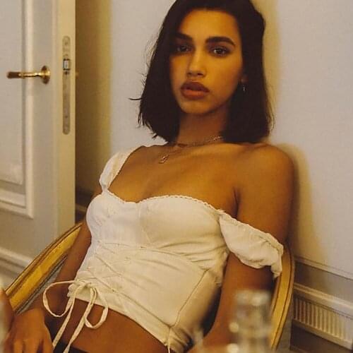 Women Sexy Off Shoulder Crop Tops Party Short Sleeve Solid Color Tees Square Collar Lace Up Shirts Vintage Slim Fit Tops White