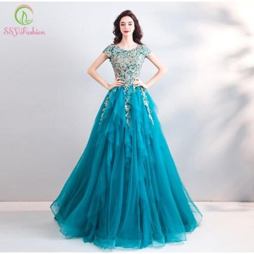 SSYFashion New Vintage Peacock Blue Evening Dress Lace Embroidery A-line Floor-length Luxury Formal Prom Gown Robe De Soiree