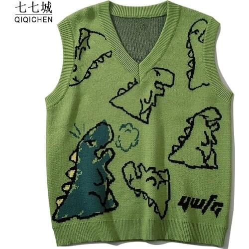 Dinosaur Monster Knitted Sweater Vest Men Women Harajuku Cartoon Anime Vintage V-neck Street Hip Hop Sleeveless Pullover Men