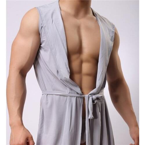 Strong Men Pinky Senson Sleeveless Robes Ac Design Sexy Man Gay Lacing Ice Silk No Trace Bathrobe Sleepwear Pants Sweet Lovers