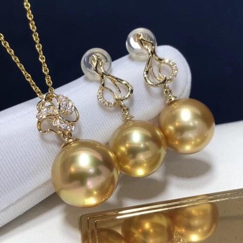 D205 Fine Jewelry 18K Gold Natural South Ocean Sea Golden Pearls 10-13mm Females Jewelry Sets for Women FIne Jewelry Sets