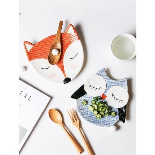 Children dinner plates cute zoo cartoon eco-friendly handpainted 6 inch ceramic porcelain plate and dish owl fox cat child gifts