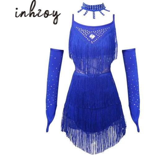 Kids Child Girls Latin Dance Dress Fringe Latin Dance Clothes Salsa Costume Set Blue Shiny Rhinestone Ballroom Tango Dresses