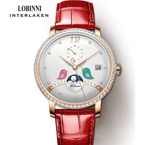 LOBINNI Elegant Women Watch Diamond Design Dial Moon phase Automatic Mechanical Watch Women Sapphire Crystal Female Watch