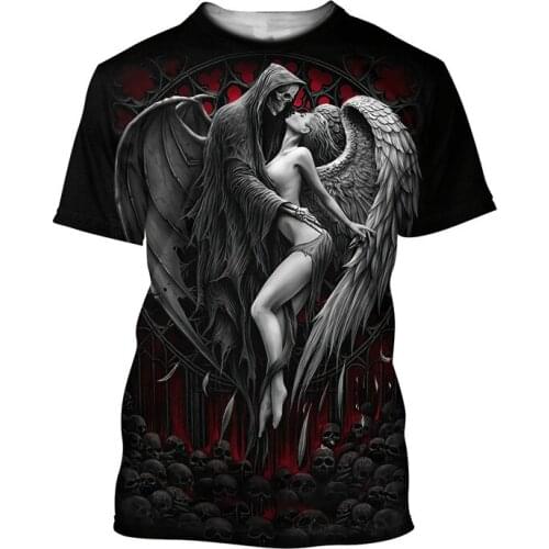 Fashionable Reaper Skull Angel And Demon 3D mens and womens full print T-shirt fashion leisure beach Street hip hop T-shirt