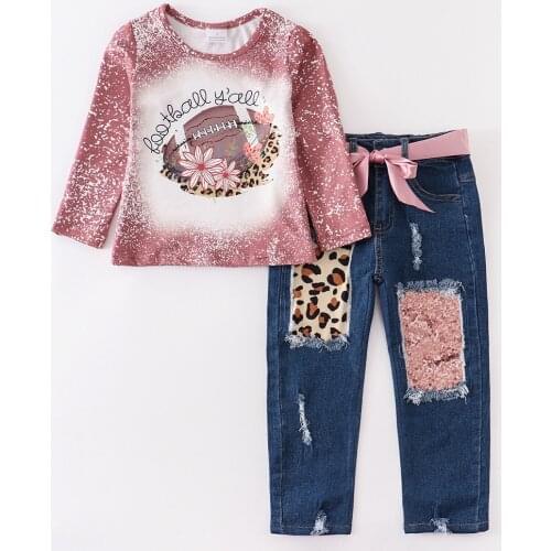 Girlymax Football Y'all Milk Silk Tie Dye Top Long Sleeve T-shirt Baby Girls Sequins Leopard Denim Jeans Pant Set Kids Clothing