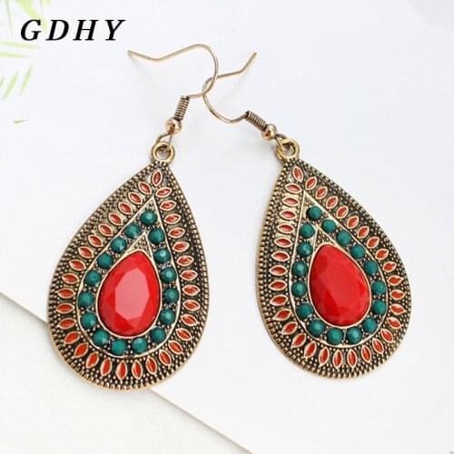 GDHY Vintage Bohemian Water Drop Earrings Red Green Natural stone Zircon Long Droplet Pendant Earrings boucle d'oreille brincos