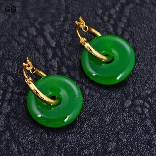 GuaiGuai Jewelry 18MM Round Ring Green Jade Snap Closure 14 KT Earrings