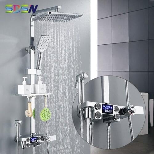 Chrome Shower Set Luxury Digital Bathroom Shower Mixer Set 10 Inch Rainfall Hand Shower Head Chrome Thermostatic Shower Set