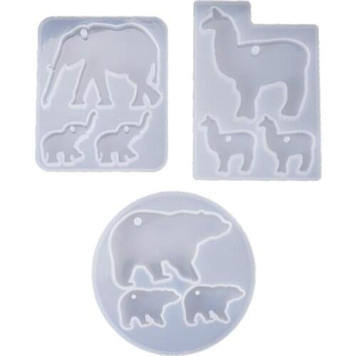 3Pcs Crystal Epoxy Resin Mold Elephant Alpaca Bear Keychain Casting Silicone Mould Set DIY Crafts Jewelry Pendant Making