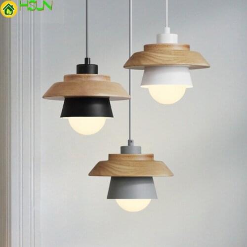 Chandelier modern minimalist bedroom small The Nordic iron wood bowl hall creative personality Macarons restaurant LED lamp