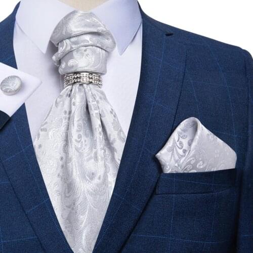 Men Luxury Silver Paisley Silk Ascot Tie Set Men Wedding Party Cravat Ties Handkerchief Cufflinks Necktie Ring Sets DiBanGu