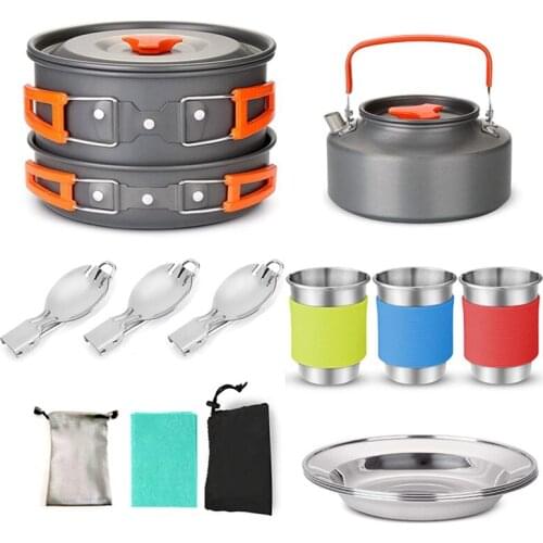 Camping Cookware Mess Kit Camping Pot Pan Kettle with Camp Utensil Cups Dishes Kit for Outdoor Camping Hiking and Picnic