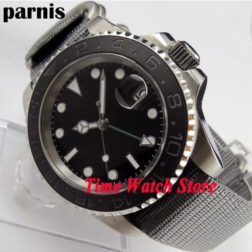 Parnis 40mm GMT 3804 Automatic mens watch sapphire glass luminous black sterile dial date ceramic bezel nylon strap waterproof